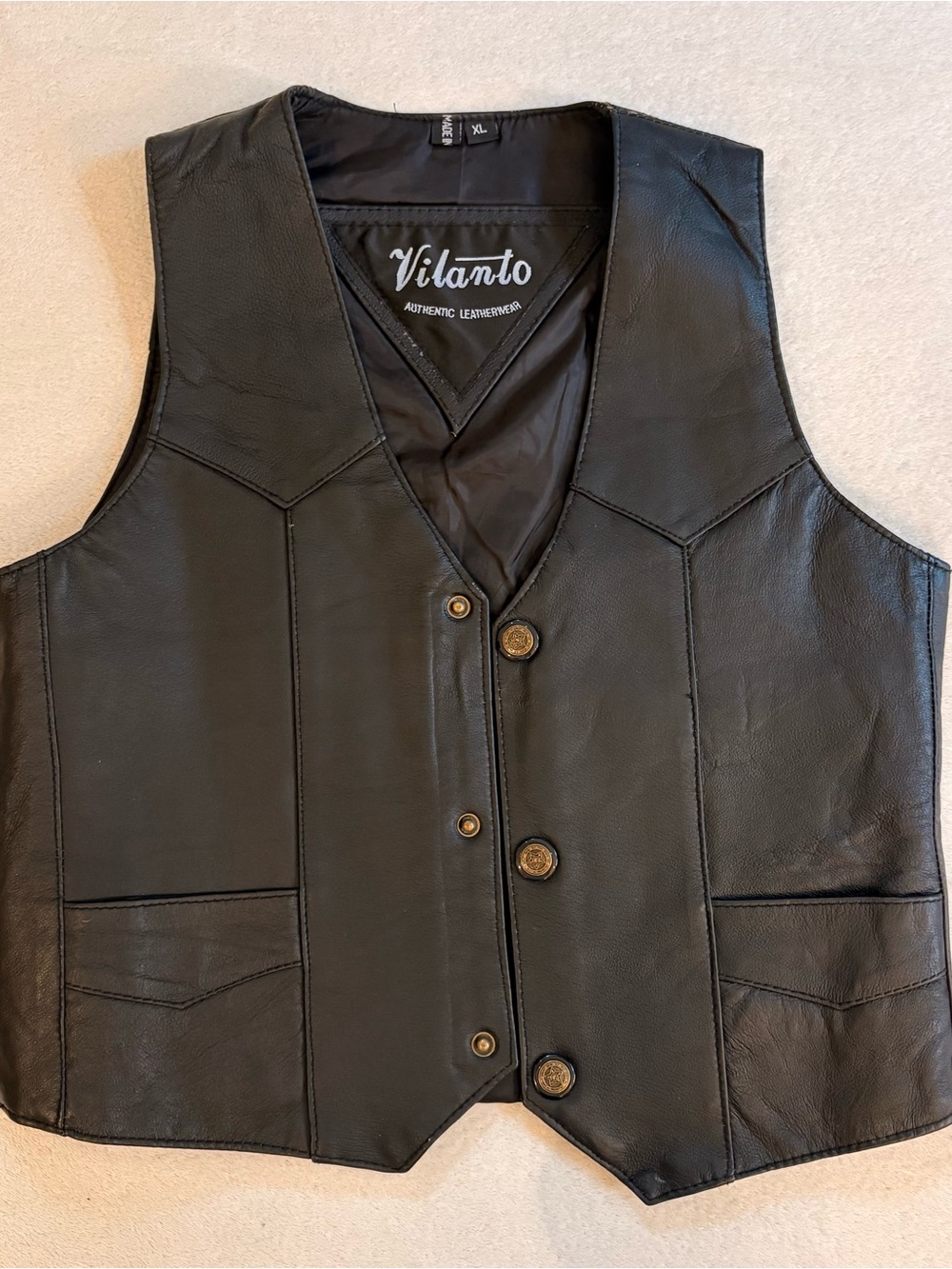 Black Vilanto Leather Vest Snap Front Moto Biker - Kids XL